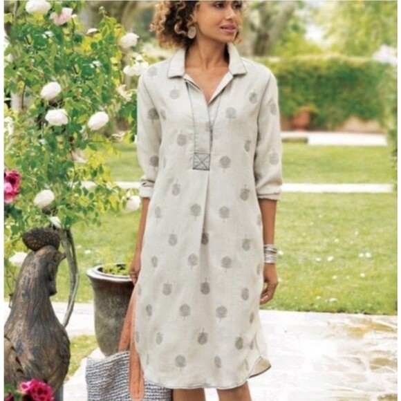 Soft Surroundings Womens M Tunic Dress Gray Feather Embroidered 100% Tencel - Picture 1 of 8